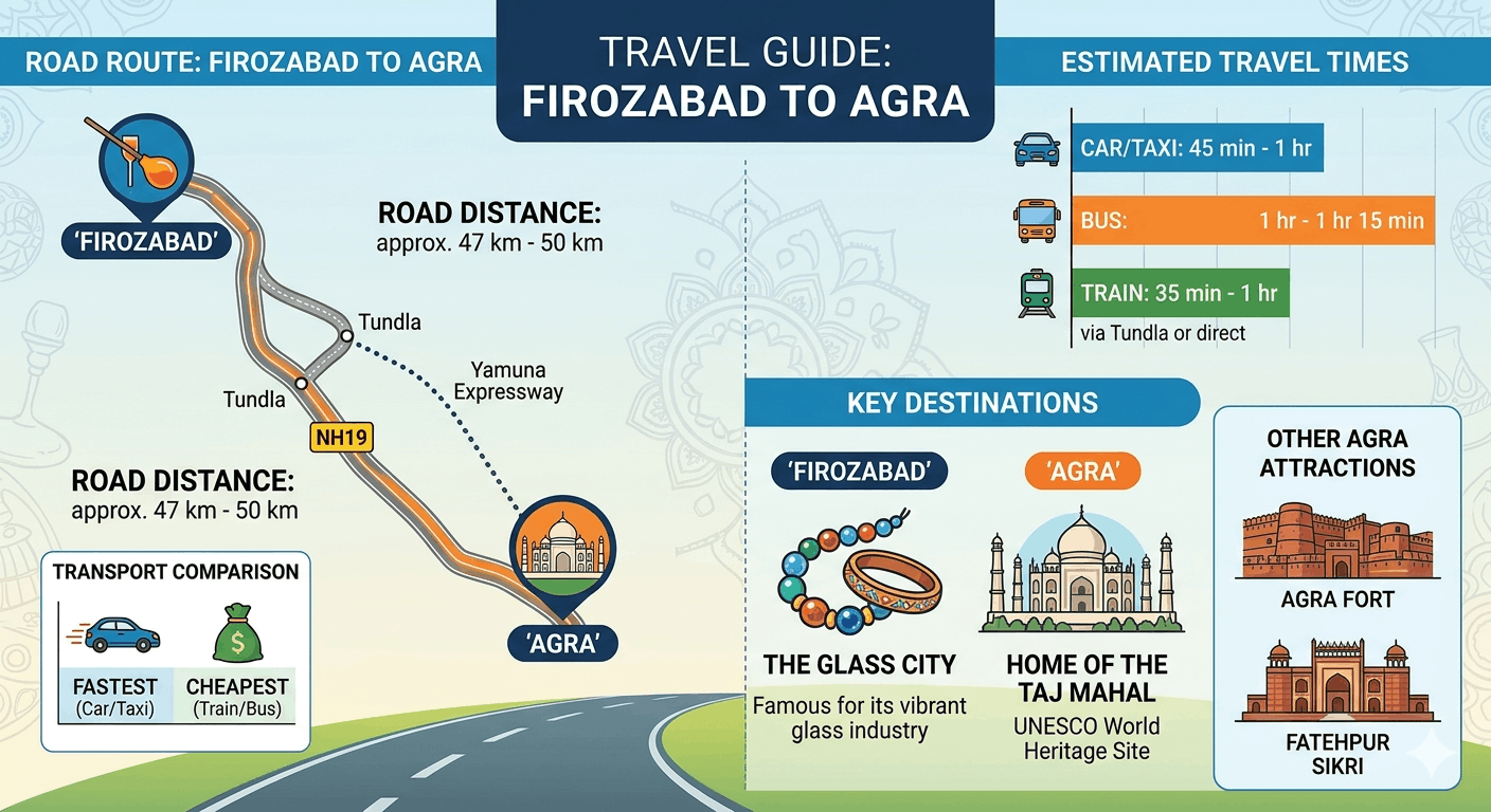 Firozabad to Agra Distance by Road, Train And Bus